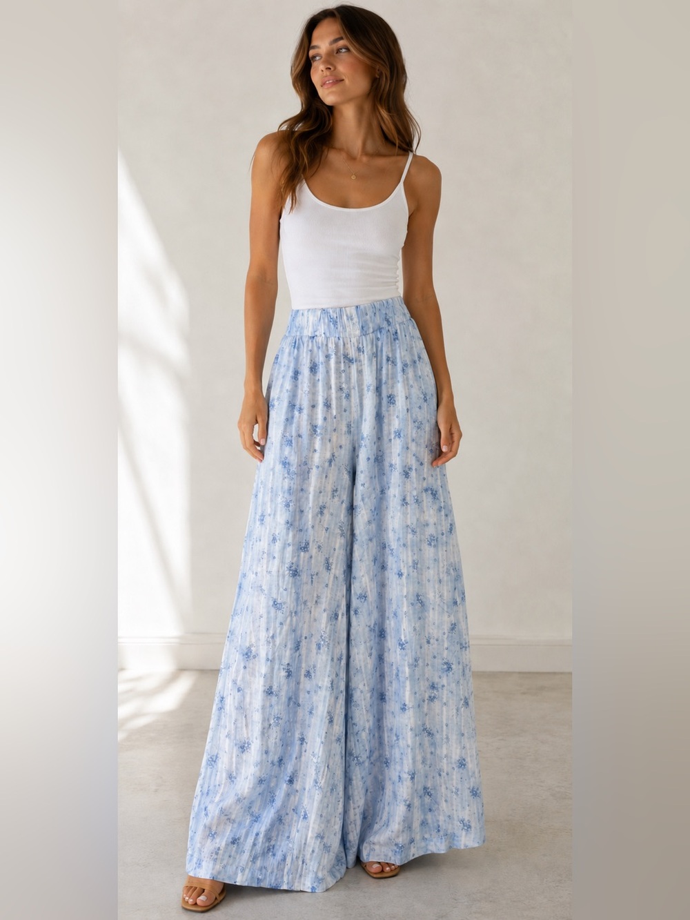 Rewash Light Blue Floral Wide-Leg Pants
